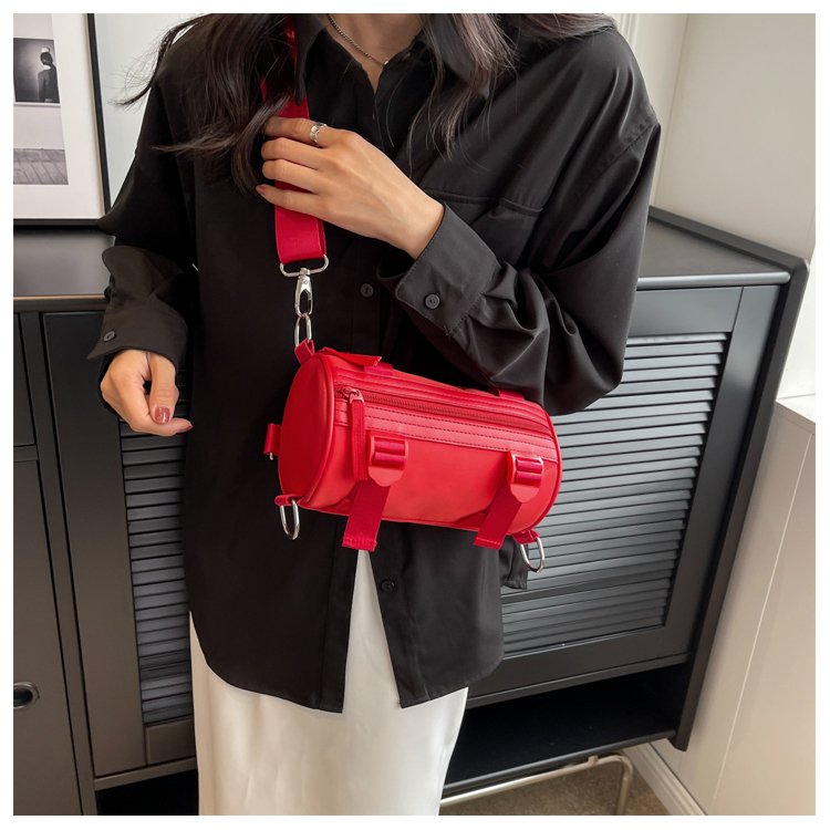 Bucket women's bag new crossbody bag small cylinder bag women's red casual wide shoulder strap commuting versatile small bag