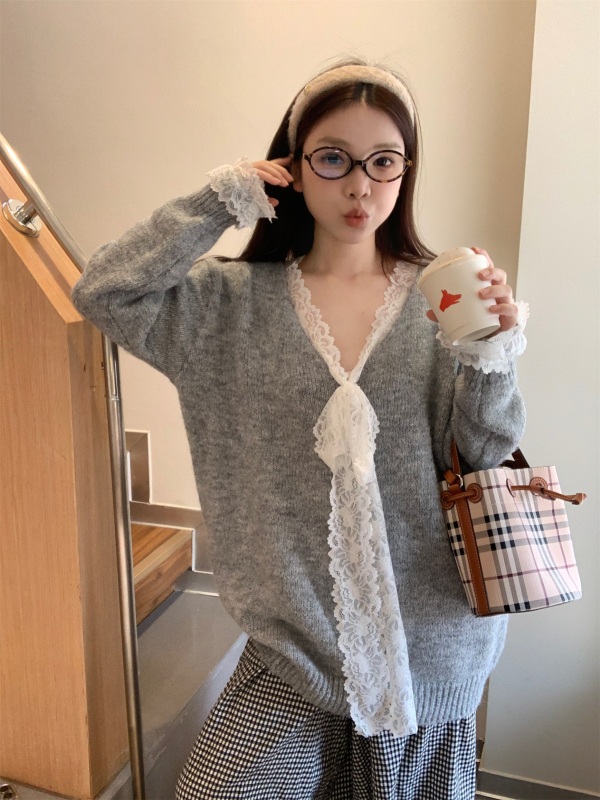 Korean style lazy style high-end temperament lace splicing lace-up sweater