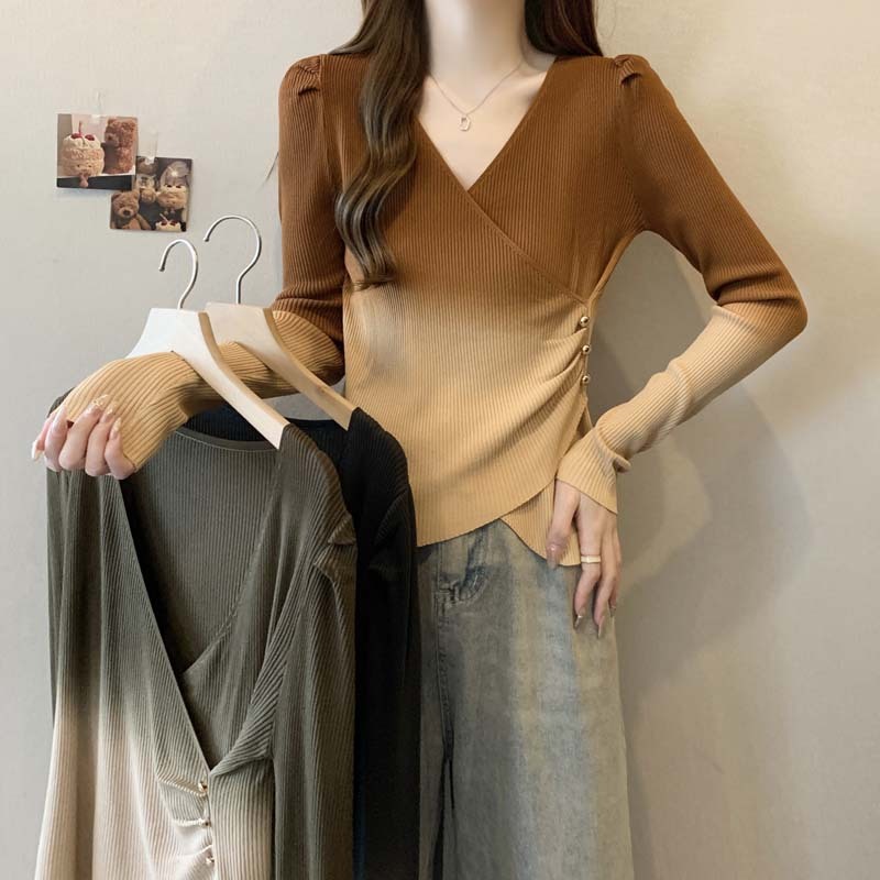 2024 Autumn New V-neck Double Color Beading Irregular Knitted Sweater Women's Large Size Versatile Slim Top