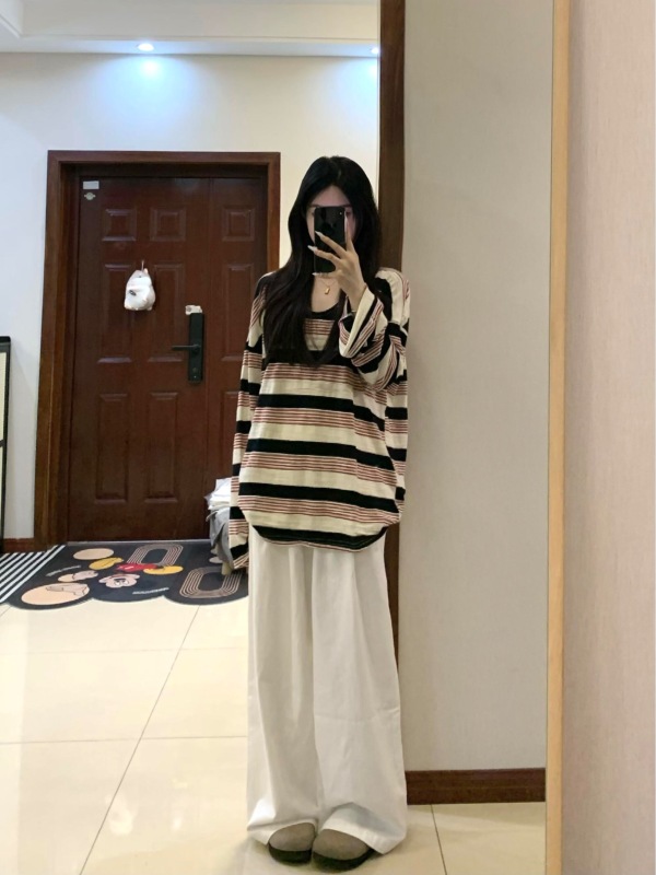 Contrast color top thin loose pure cotton red striped long sleeve women's t-shirt white trousers suit for women