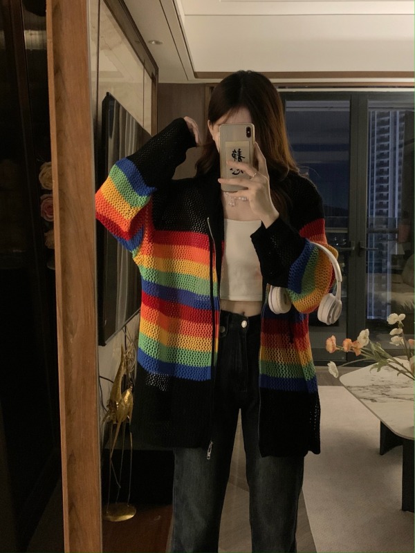 Women's large size rainbow knitted cardigan early autumn hollow long-sleeved double zipper coat sun protection cover-up striped top