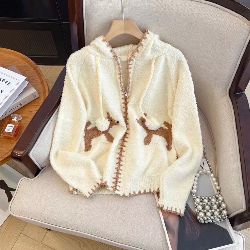 Puppy jacquard hooded knitted wool cardigan women's loose soft waxy long-sleeved sweater jacket ins trend