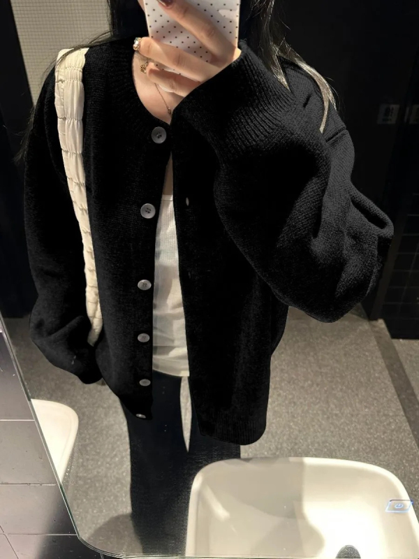 American sweet and cool style black knitted long-sleeved sweater cardigan for female students winter new loose sweet top jacket