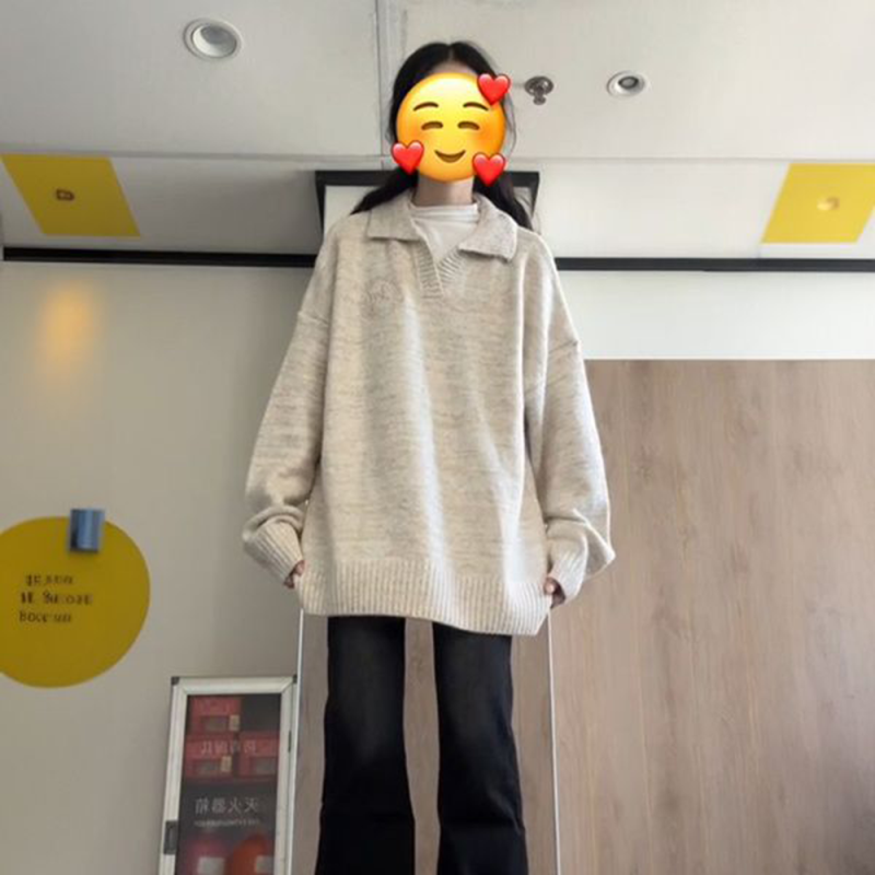 Autumn and winter lazy style polo collar knitted pullover sweater for female students loose slimming pullover sweater
