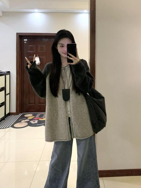 Color block sweater cardigan feminine lazy gray long sleeve knitted jacket