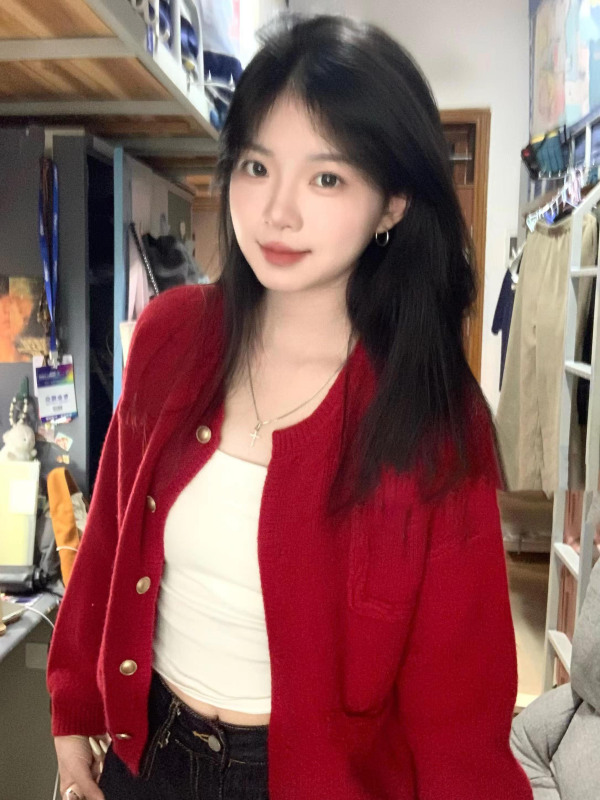 Red short soft waxy sweater cardigan jacket for women 2024 autumn and winter new loose lazy style sweater top