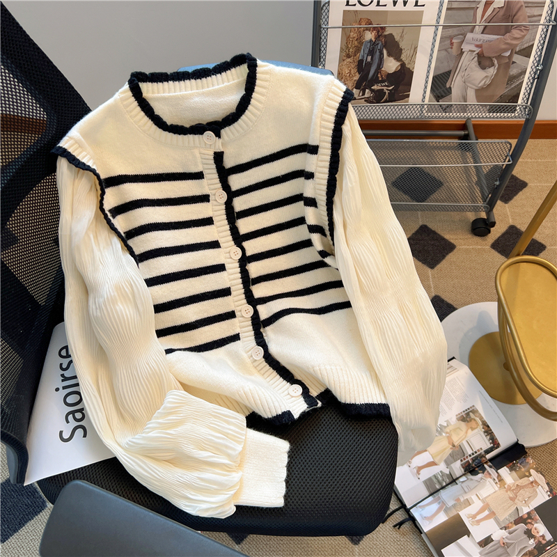 Fake two-piece sweater striped puff sleeve cardigan knitted sweater women's autumn and winter design niche jacket