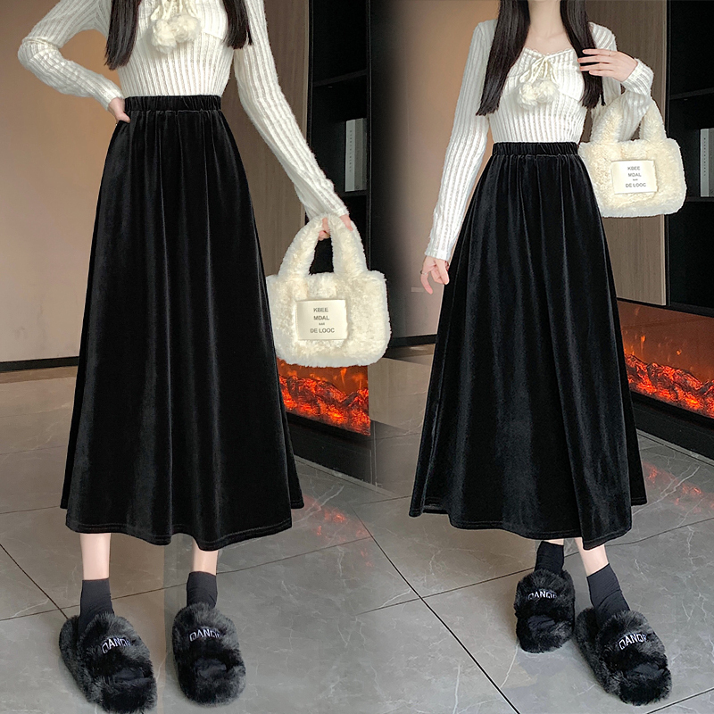 2024 new autumn velvet skirt umbrella skirt high waist mid-length slim black mm skirt