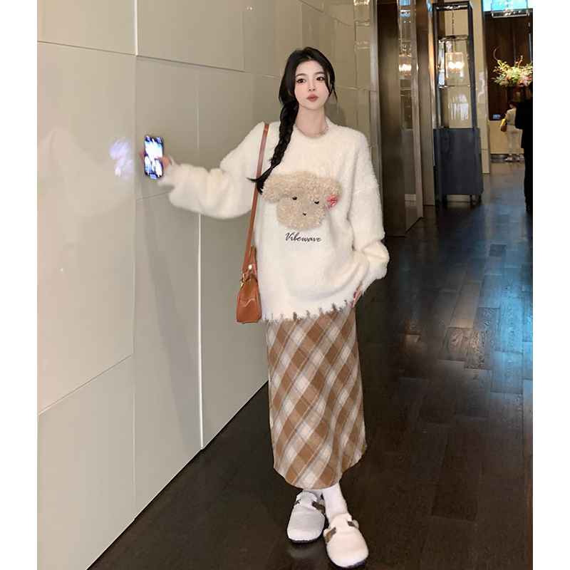 Plus-size women's mink velvet sweater + high-waist slim woolen plaid skirt two-piece set