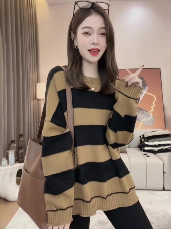 Autumn and winter lazy style striped sweater women's new popular Korean style loose mid-length sweater long-sleeved top