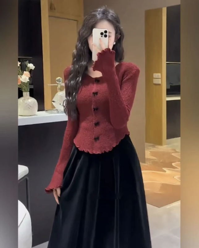 Cherry bomb large size red bow women's autumn and winter slim fit inner sweater long-sleeved bottoming shirt trendy top