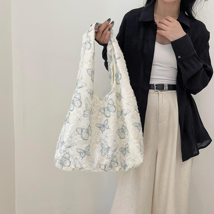 2024 Spring and Summer New Lazy Wind Canvas Bag Lace Butterfly Student Vest Bag Hand Bag Large Capacity Shoulder Bag
