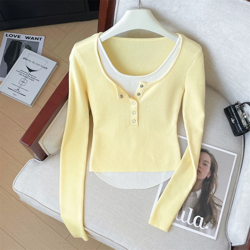 Classic solid color slimming fake two-piece wool knitted women's early spring new style small and versatile sweet and stylish long sleeves