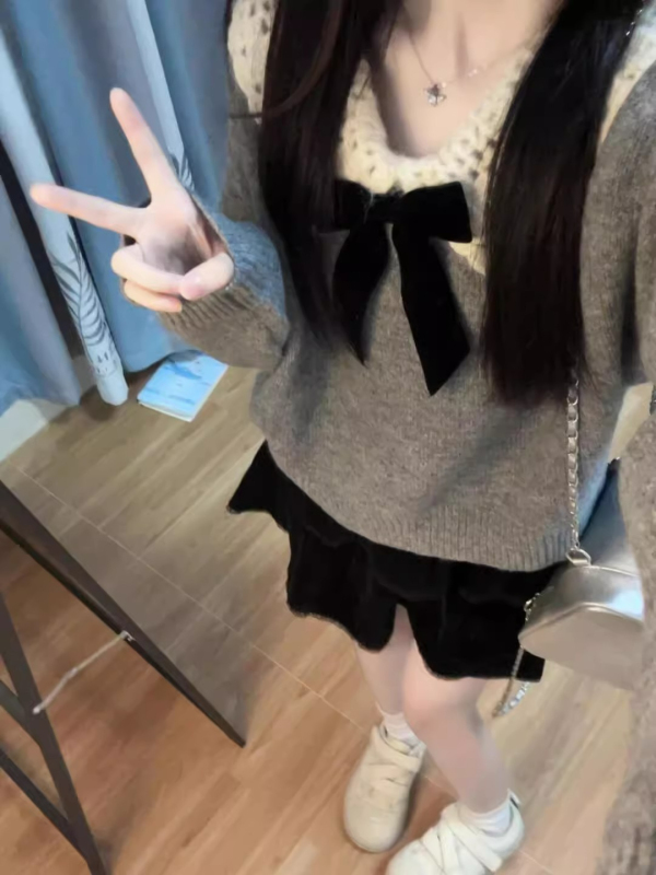 Sheep wool doll collar crochet bow knitted sweater for women 2024 autumn and winter new loose niche sweater