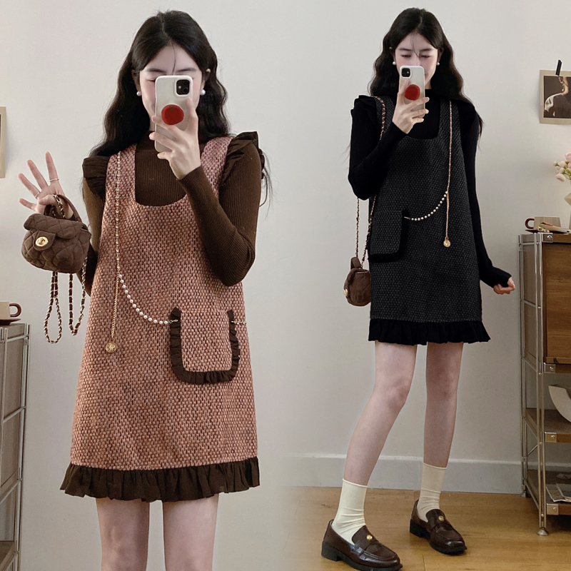 Plus size women's autumn clothing Xiaoxiangfeng woolen suspender dress bottoming shirt age-reducing wear two-piece set