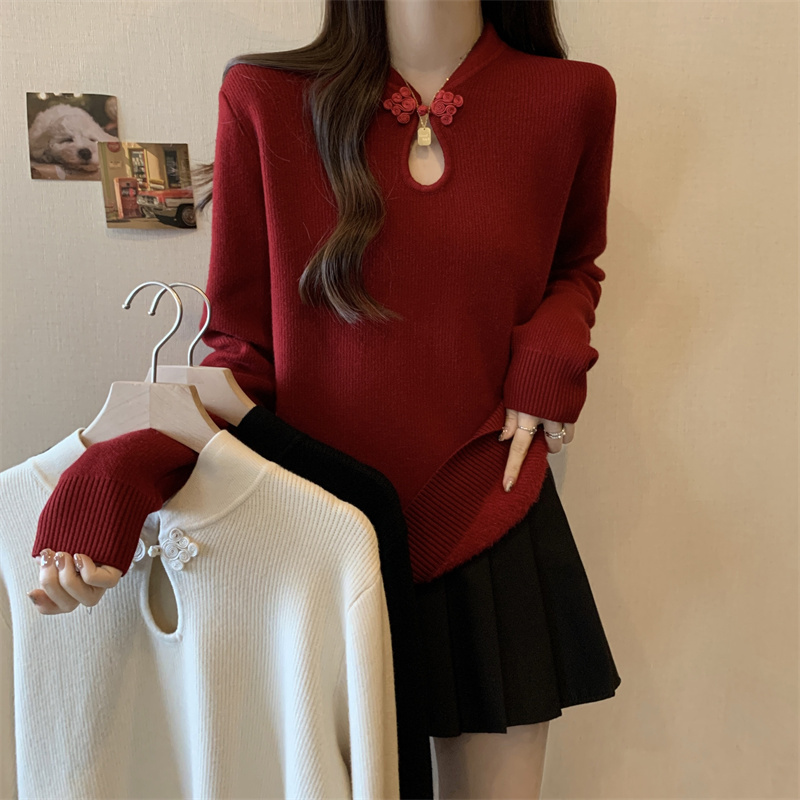 Large size autumn and winter all-in-one velvet inner bottoming New Year and Christmas red design long-sleeved sweater for women