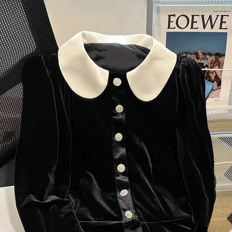 Black velvet doll collar shirt for women, high-end new style, fashionable lady, foreign style petite top