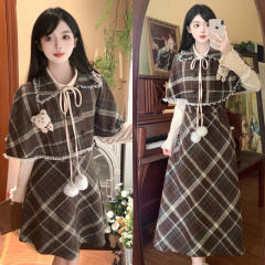 Plus size fat mm caramel cirrus American retro college Maillard brown fighting poncho fake two-piece slimming dress for women