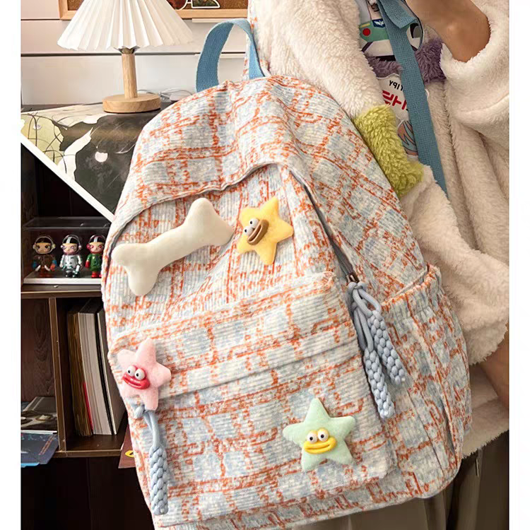 New niche design student schoolbag Korean style fashionable corduroy plaid backpack large capacity travel backpack wholesale