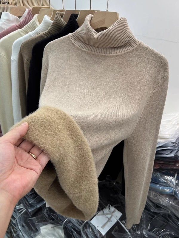 Thick velvet warm turtleneck sweater for women autumn and winter new one-piece velvet inner knitted sweater base layer top