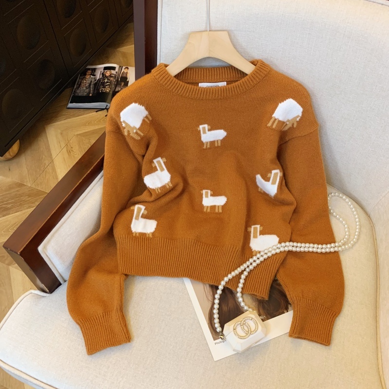 Korean style lamb jacquard round neck pullover sweater for women autumn and winter 2024 design retro casual