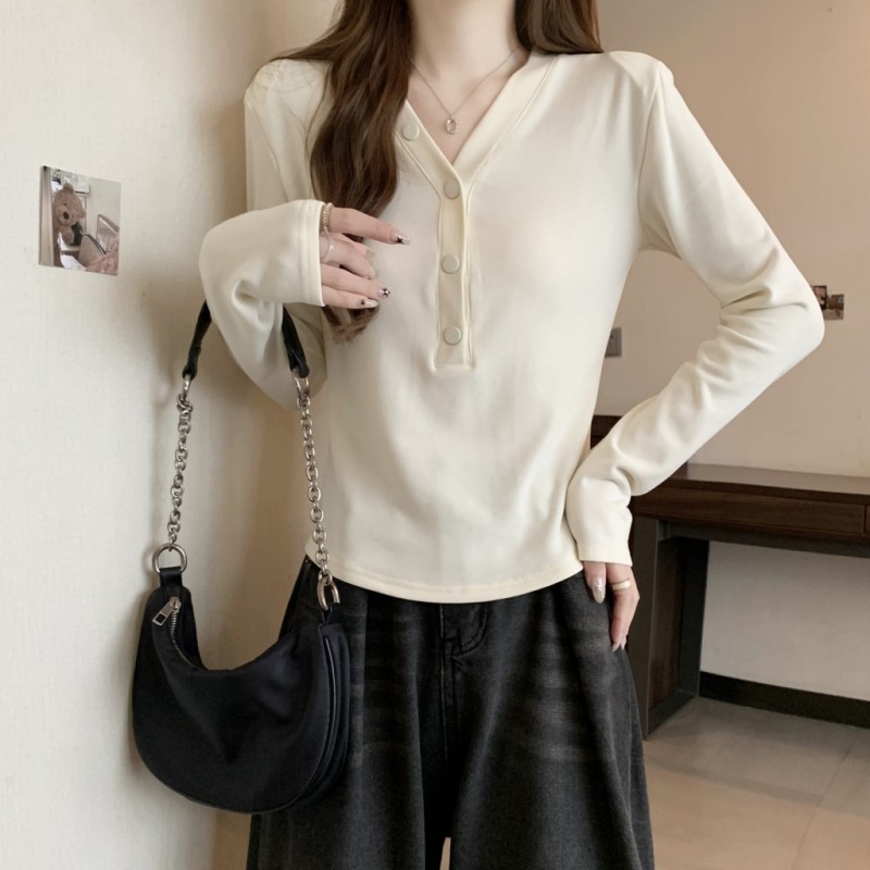 Large size V-neck fleece long-sleeved top autumn and winter new style right shoulder slim T-shirt niche tight bottoming shirt