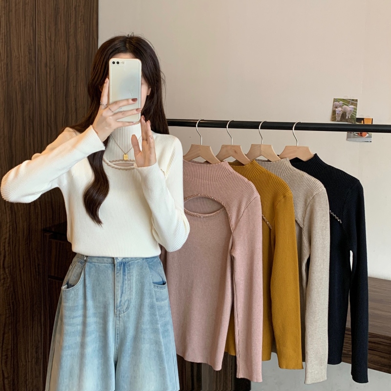 Large size autumn and winter knitted long-sleeved bottoming shirt for fat mm hollow hand-beaded design advanced inner top