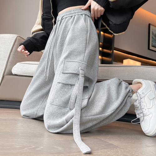 American workwear sweatpants for women, autumn and winter new loose wide-leg pants, casual gray sweatpants