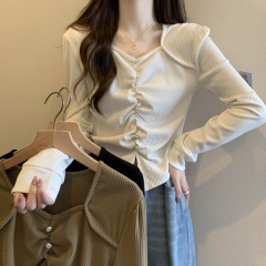 Large size new style design right shoulder sleeves irregular pleated beaded corduroy niche slimming top for women