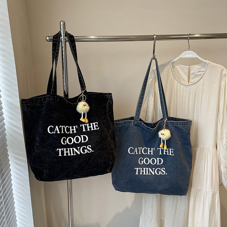 Letter printed denim bag women's canvas bag student daily commuting handbag large capacity shoulder bag