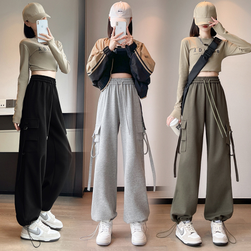 American workwear sweatpants for women, autumn and winter new loose wide-leg pants, casual gray sweatpants