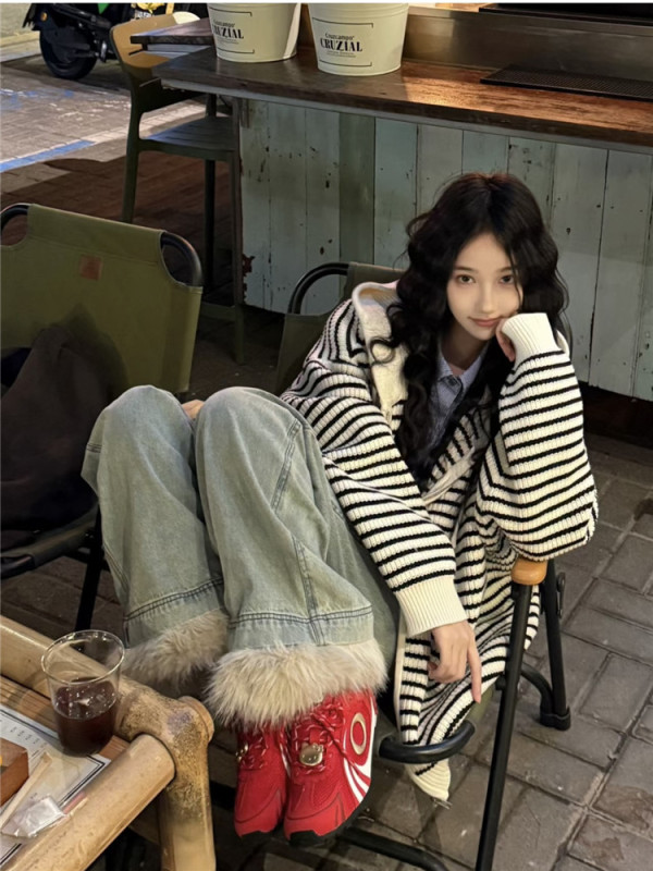 Korean style lazy loose striped apricot drawstring hooded thick knitted cardigan sweater jacket