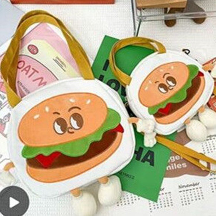 Cartoon new canvas burger diagonal handbag large capacity Japanese trendy girl heart school backpack birthday gift