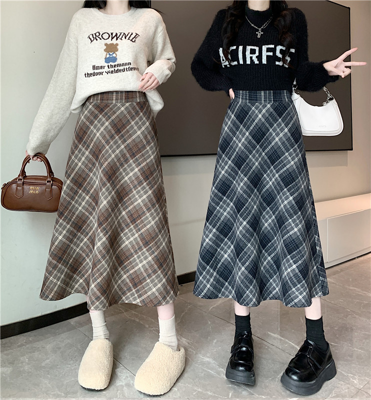 Plus size fat MM winter Korean style woolen high-waisted long skirt chi plaid mid-length skirt for women