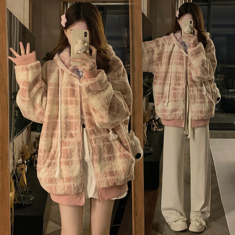 Winter Korean milk fufu cute loose small fragrant imitation lamb wool plaid cotton jacket for women