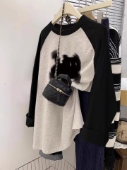 Pure cotton long-sleeved T-shirt women's autumn clothing contrasting print large size oversize bottoming shirt with shark pants top