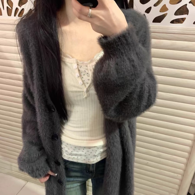 Lazy style fashionable mink velvet sweater women's coat autumn and winter new loose solid color V-neck top