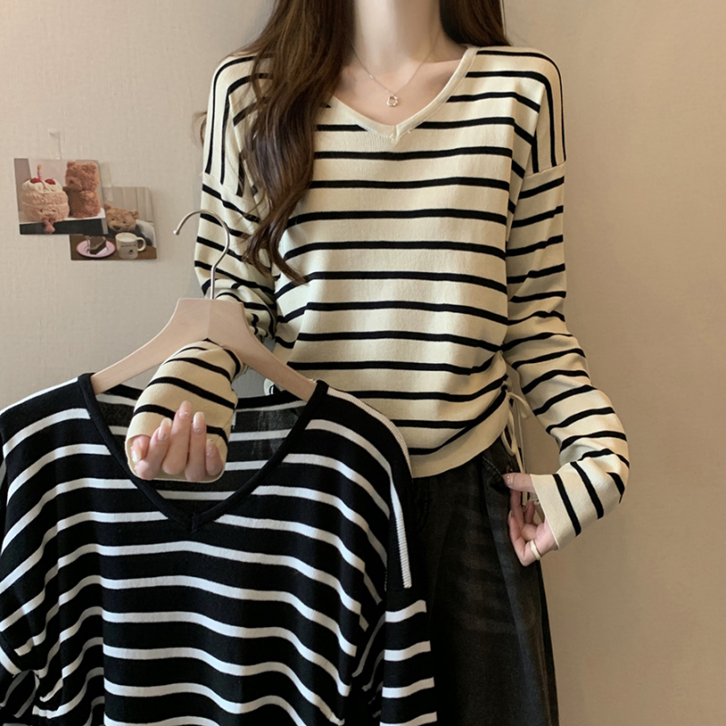 Early autumn new style striped V-neck pullover drawstring sweater women's large size casual versatile long-sleeved top