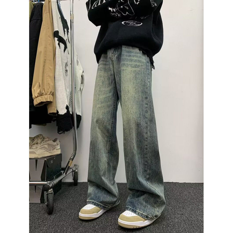 Washed distressed jeans men's autumn and winter American fashion brand loose straight wide-leg casual trousers