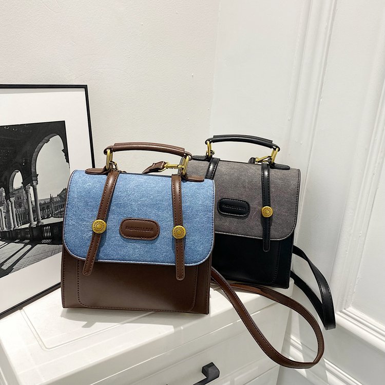 Retro denim contrast color backpack women's new trendy student school backpack versatile one-shoulder handbag