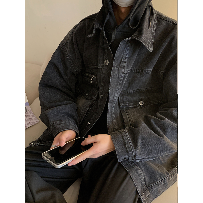 Men's loose black casual denim jacket top jacket