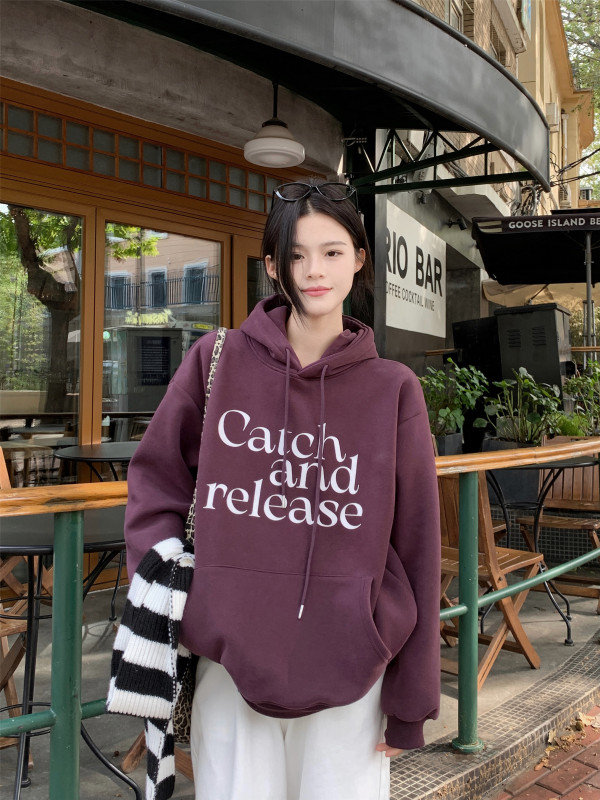 American high street hooded velvet letter print casual loose sweatshirt