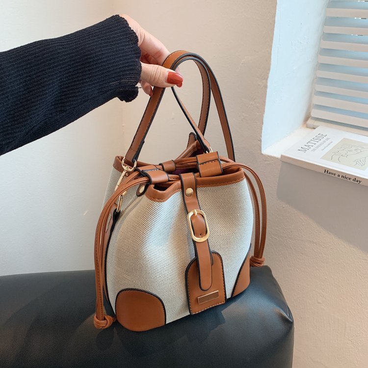 Contrast Color Bucket Bag Women's 2024 Summer New Trendy Fashion Shoulder Bag Canvas Splicing Korean Style Textured Crossbody Bag