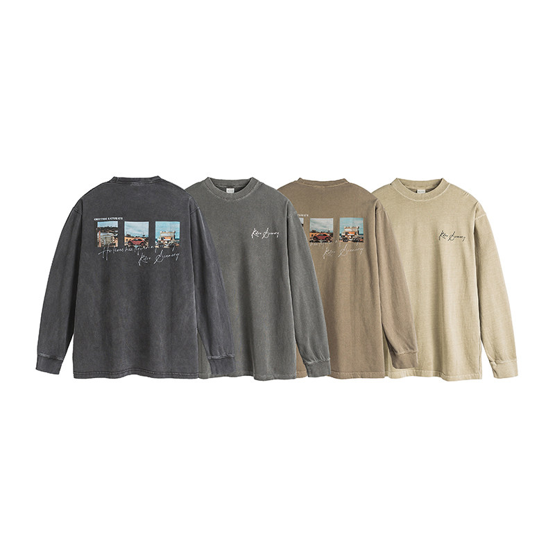 Washed T-shirt men's long-sleeved autumn and winter American street print boys' pullover sweatshirt