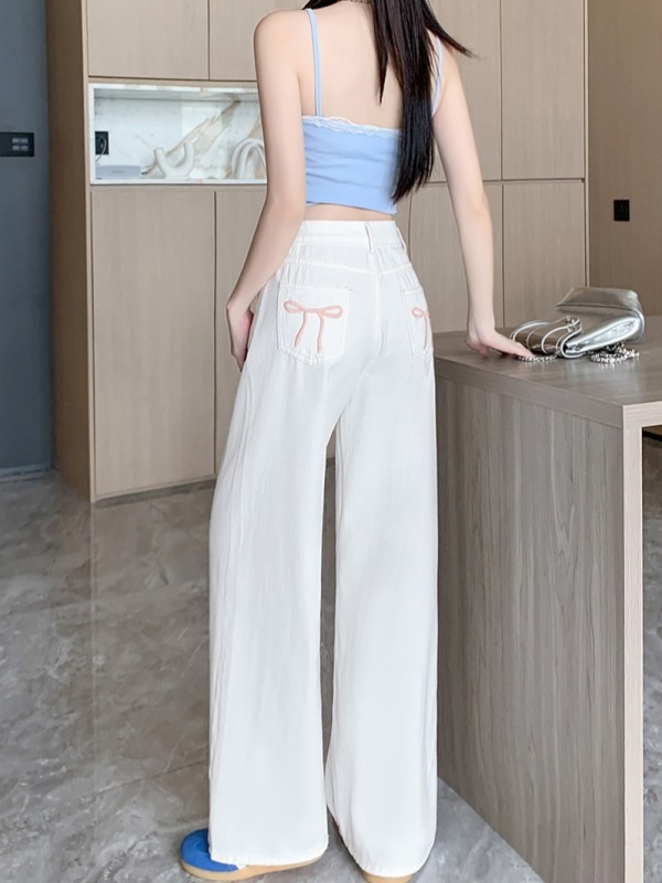 Designed bow embroidered jeans for women in autumn niche high-waisted wide-leg pants straight-leg trousers