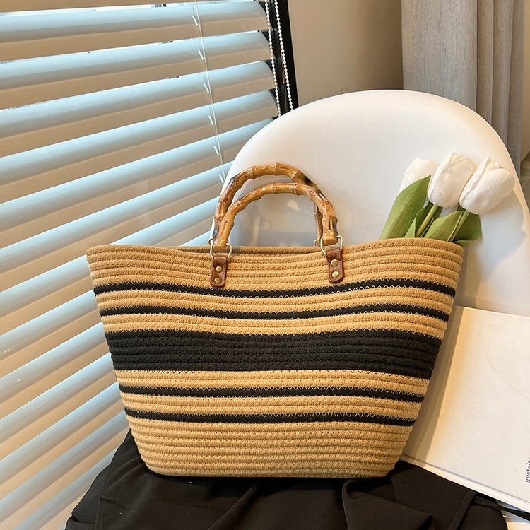 Temperament popular woven women's bag new fashion tote bag spliced ​​single shoulder large capacity bamboo handbag
