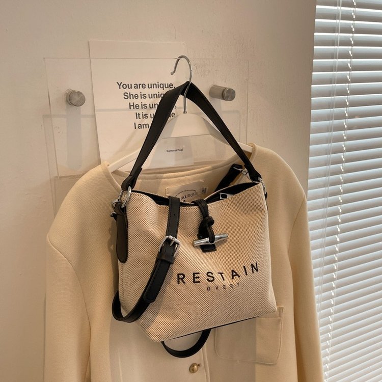 High version of the new Longxiang bag bamboo canvas bucket bag large simple versatile portable shoulder crossbody women's bag trendy
