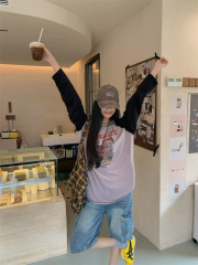 Trendy retro style thin raglan sleeve color-blocked long-sleeved sun protection T-shirt