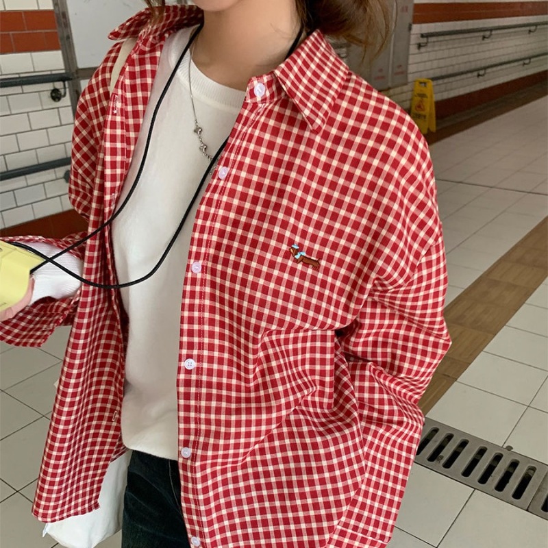 Dachshund puppy embroidered red and white plaid shirt 2024 autumn new Hong Kong style plaid shirt jacket for women