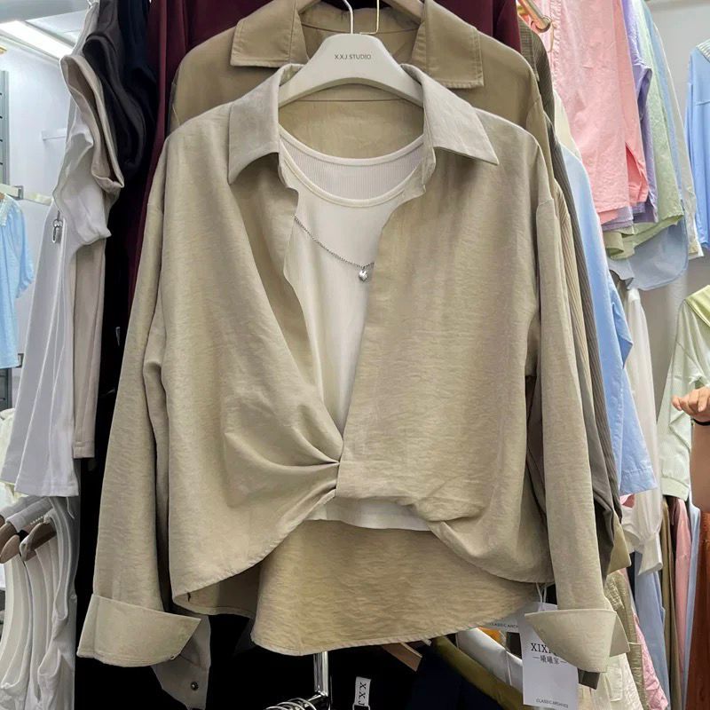 Fashionable two-piece set of pleated long-sleeved shirts for women with suspenders, autumn new Korean version, versatile layering and slimming tops